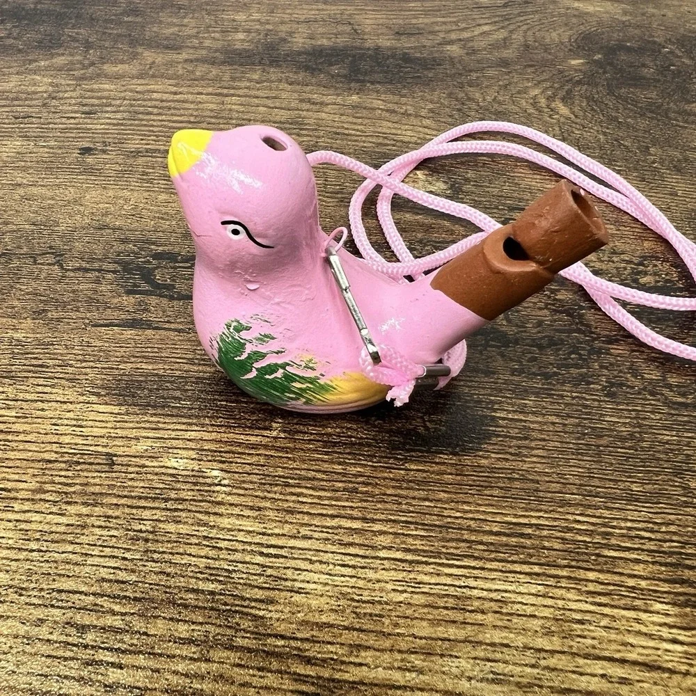 Ceramic Bird Whistle Pink Folk Art Ocarina‎ Necklace Green Yelllow